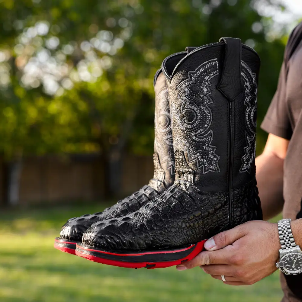 Black Caiman Neck Leather Boots With 3D Lightweight Sole - Composite Toe