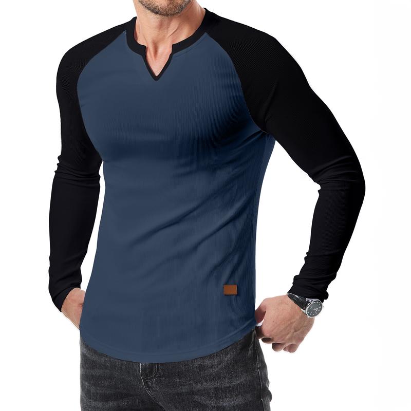 Men’s Ribbed V-Neck Long Sleeve Casual Tee