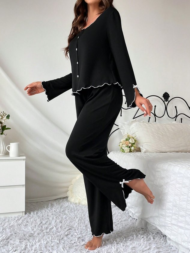Ruffle Hem Long-Sleeved Trousers Two-Piece Set Comfortable High-End Home Wear Suit Casual And Good For Sleeping
