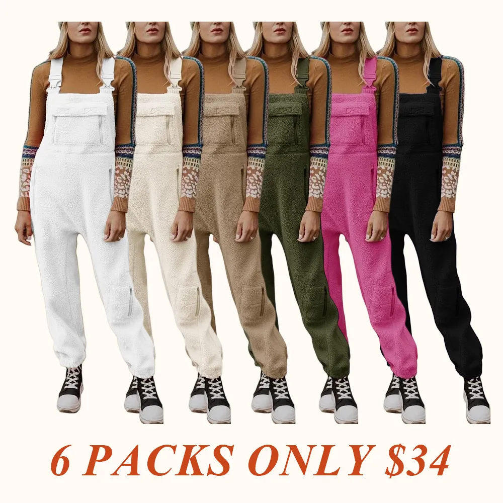 Women's Fleece Warm Overalls Winter Loose Casual Jumpsuits with Pockets