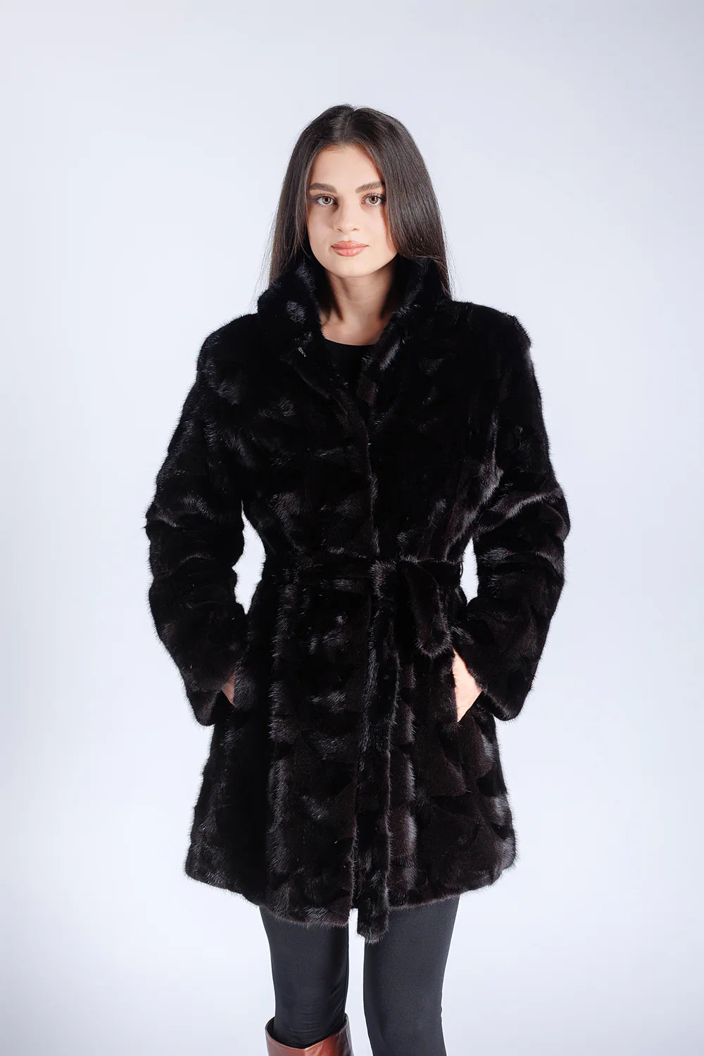 Haină din Blană Naturală de Vizon, Cordon din Blană, Femei, Sable 187