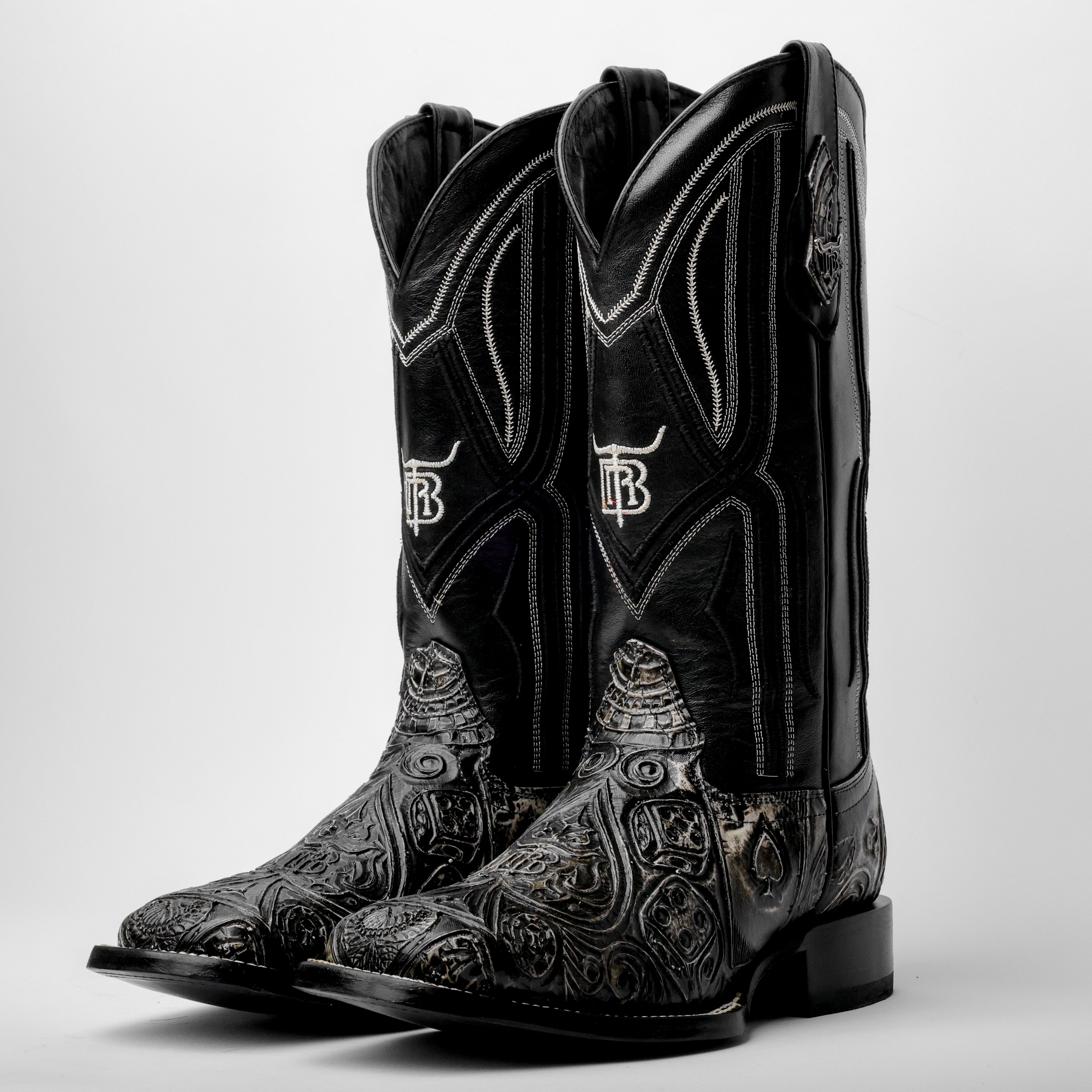 “Ace Of Spades” Grey/Black Leather Boots - Square Toe