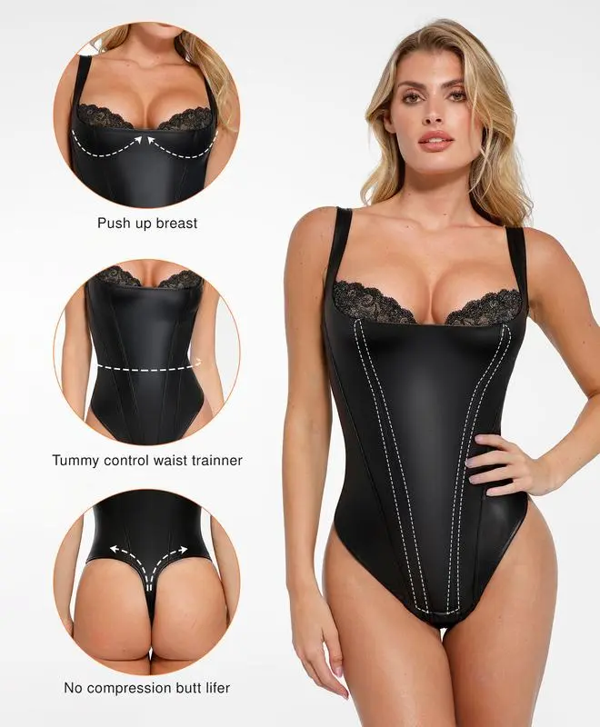 Leather Corset Top bodysuit Lace Trim Shapewear Tummy Control Bustier