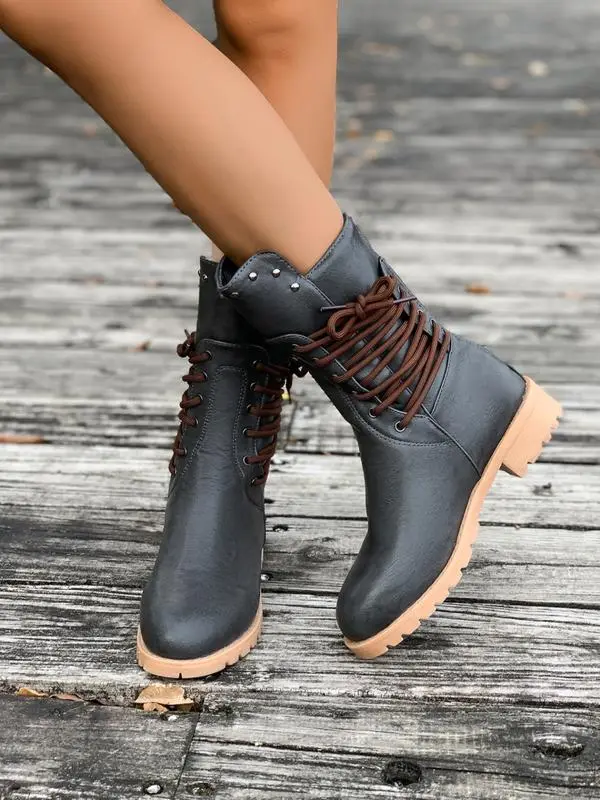 Women's Fashion Solid Color Lace-up Ankle Boots