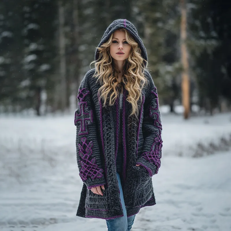 Women's Viking Celtic Knot Art Warm Knit Hooded Jacket