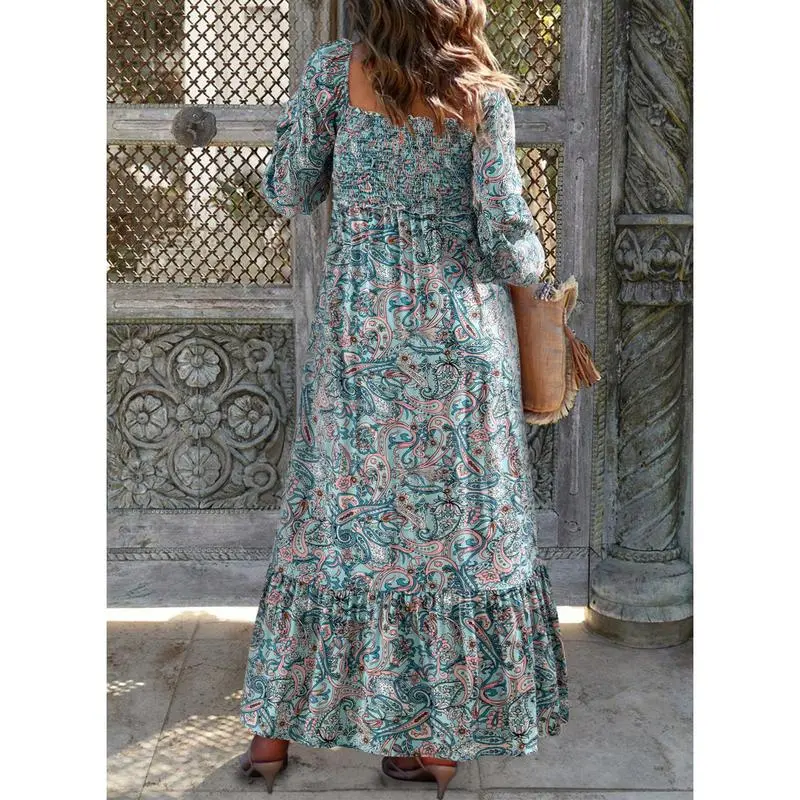Boho Floral Smocked Square Neck Long Sleeve Maxi Dress