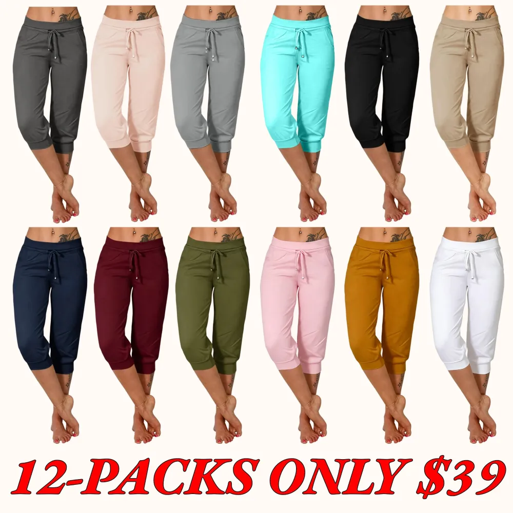 Women's Solid-Color Cropped Pants with Drawstring Waist — Casual Everyday Trousers with Pockets