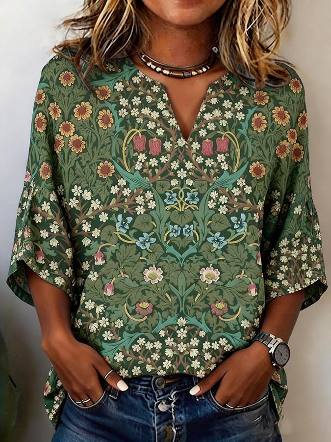 Women's Casual Spring Floral Cotton Linen Top