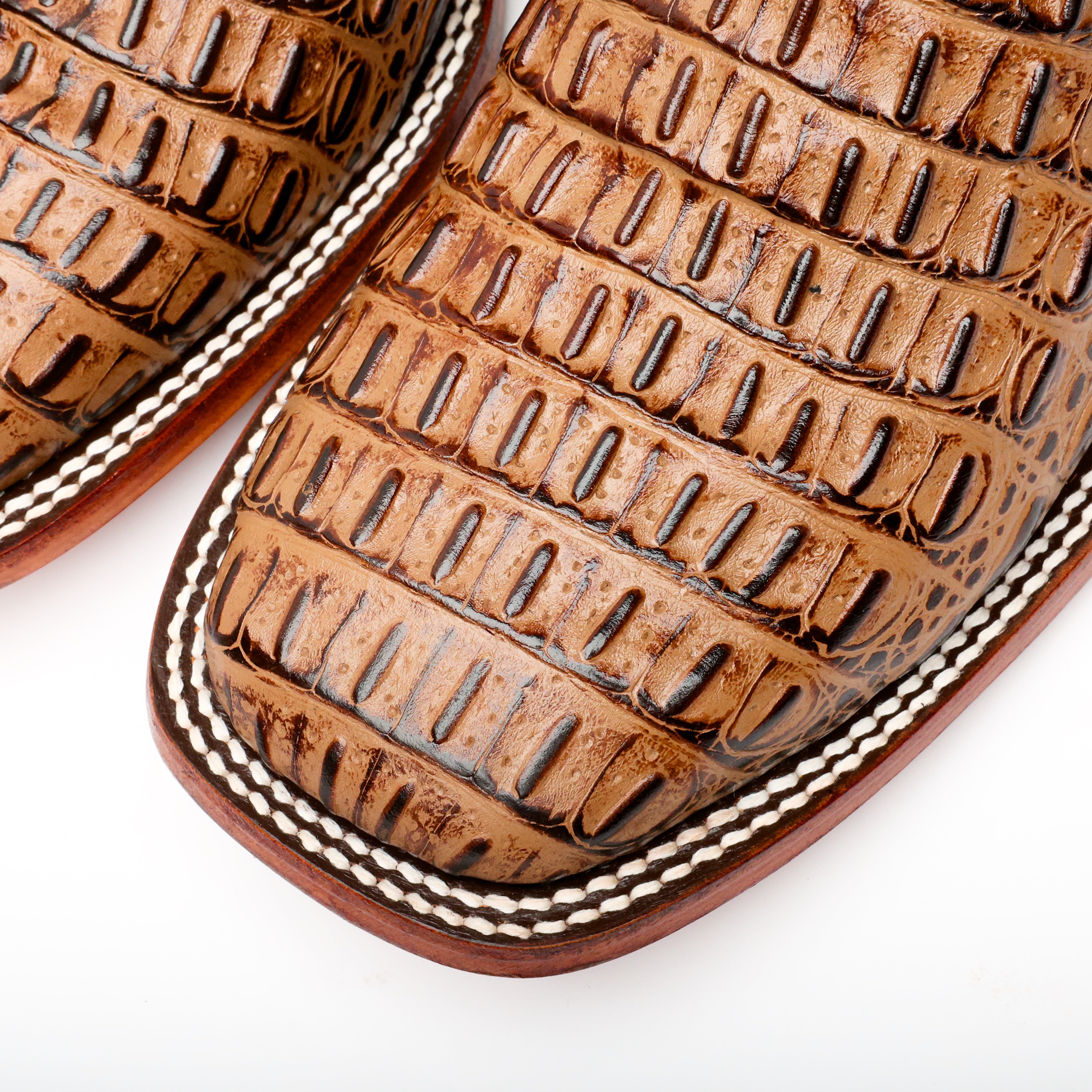 Honey Caiman Hornback Leather Boots - Square Toe