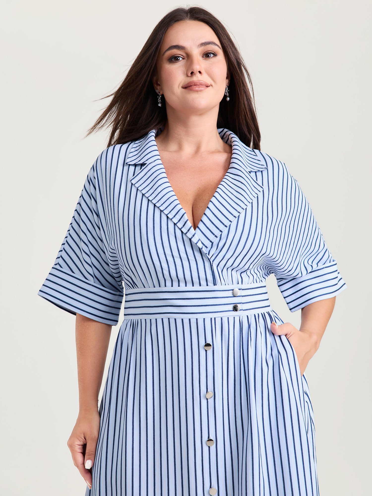 Striped Notched Lapel Collar Midi Dress