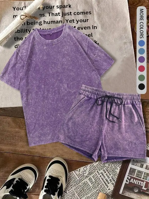 Women's Solid Tee & Denim-Print Shorts Set