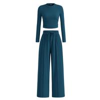 2-Piece Ribbed Knit Long Sleeve Crop Top Wide Leg Pants Matching Lounge Set Loungewear