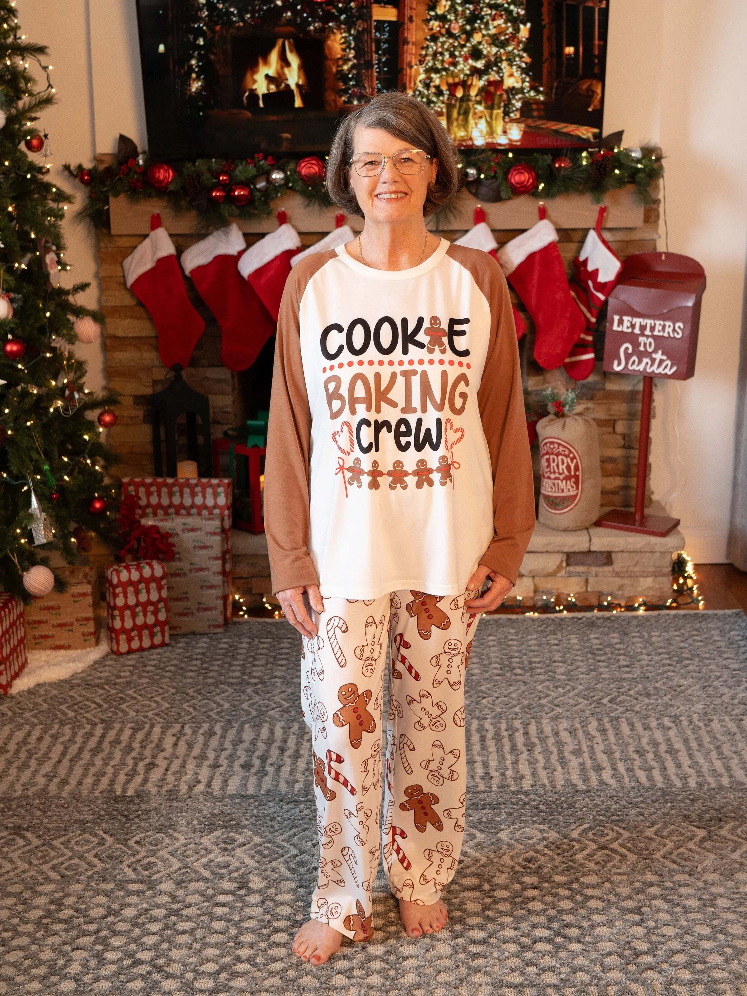 Christmas Family Matching Letter and Gingerbread Man Print Long-sleeve Pajamas Sets with Christmas Socks Khaki
