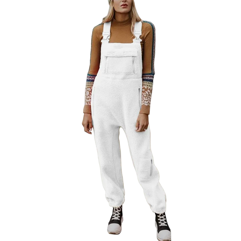Women's Fleece Warm Overalls Winter Loose Casual Jumpsuits with Pockets