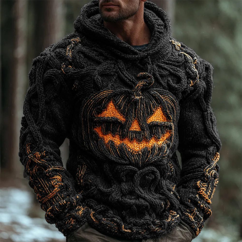 Halloween Pumpkin Emoji Men's Chunky Knit Hooded Sweater