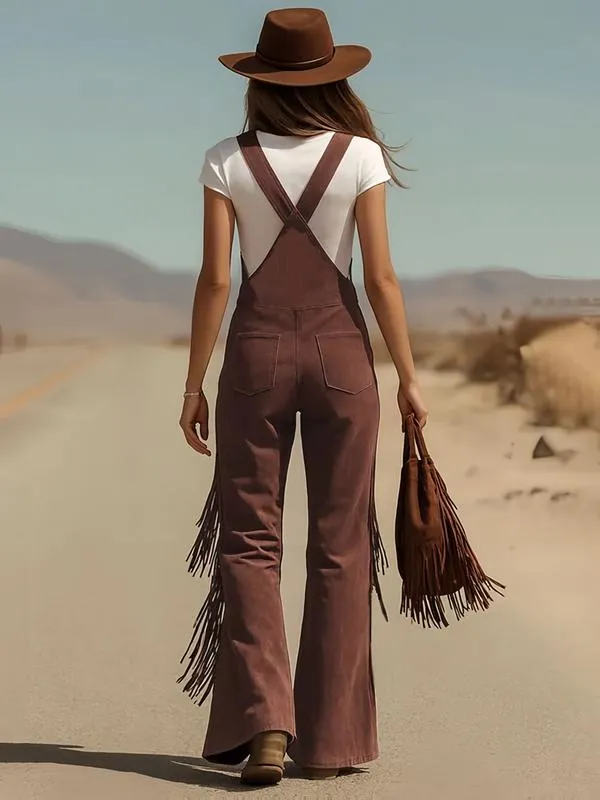 Women's Retro Faux Suede Fringe Wide-Leg Cargo Pants