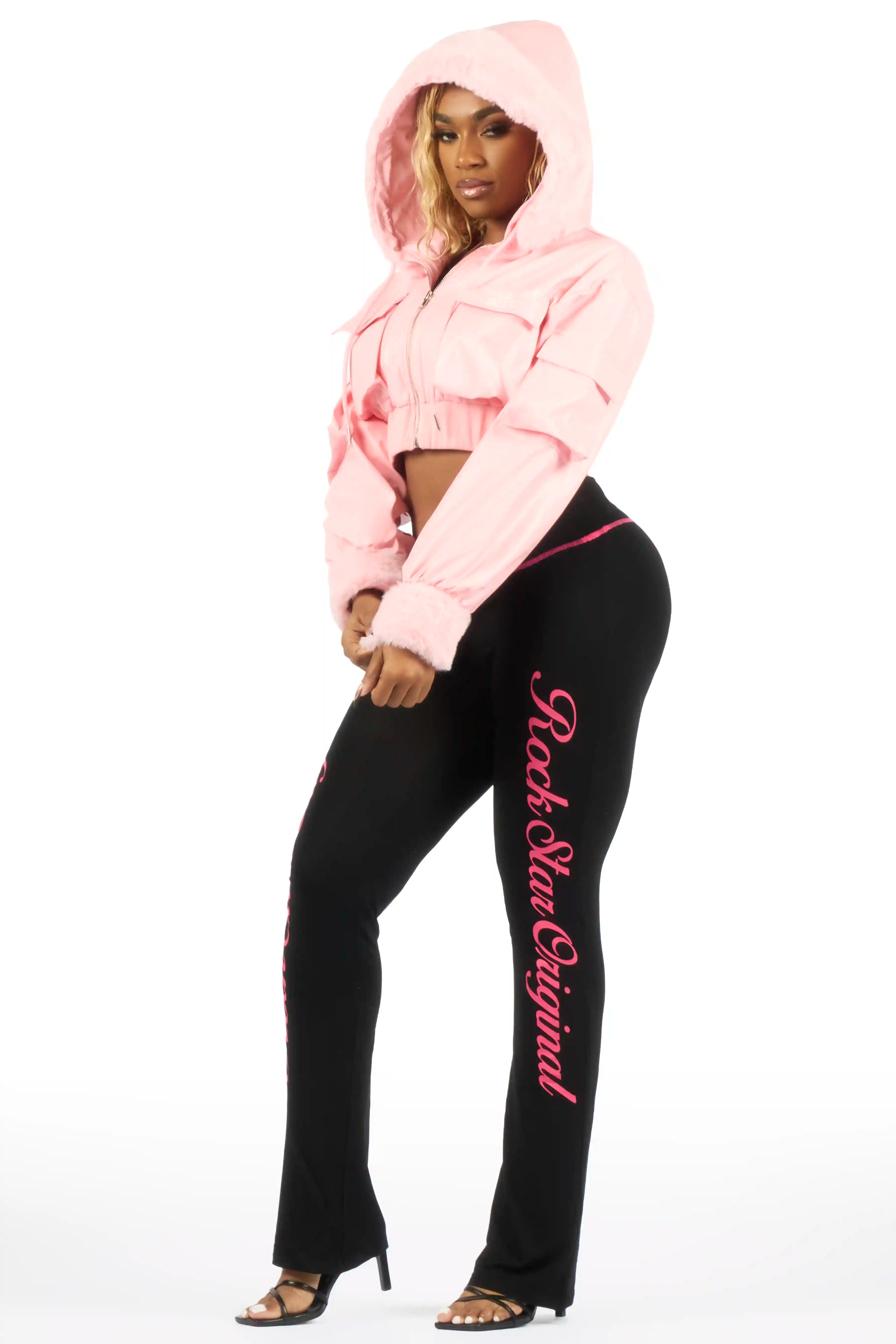 Amyia Pink PU Jacket With Fur Hood