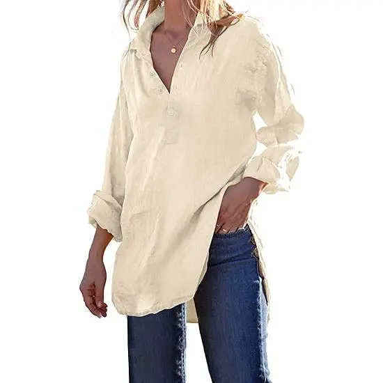 Womens Cotton Linen Tunic Shirts Button Down Long Sleeve Blouse Tops Beach Cover Up