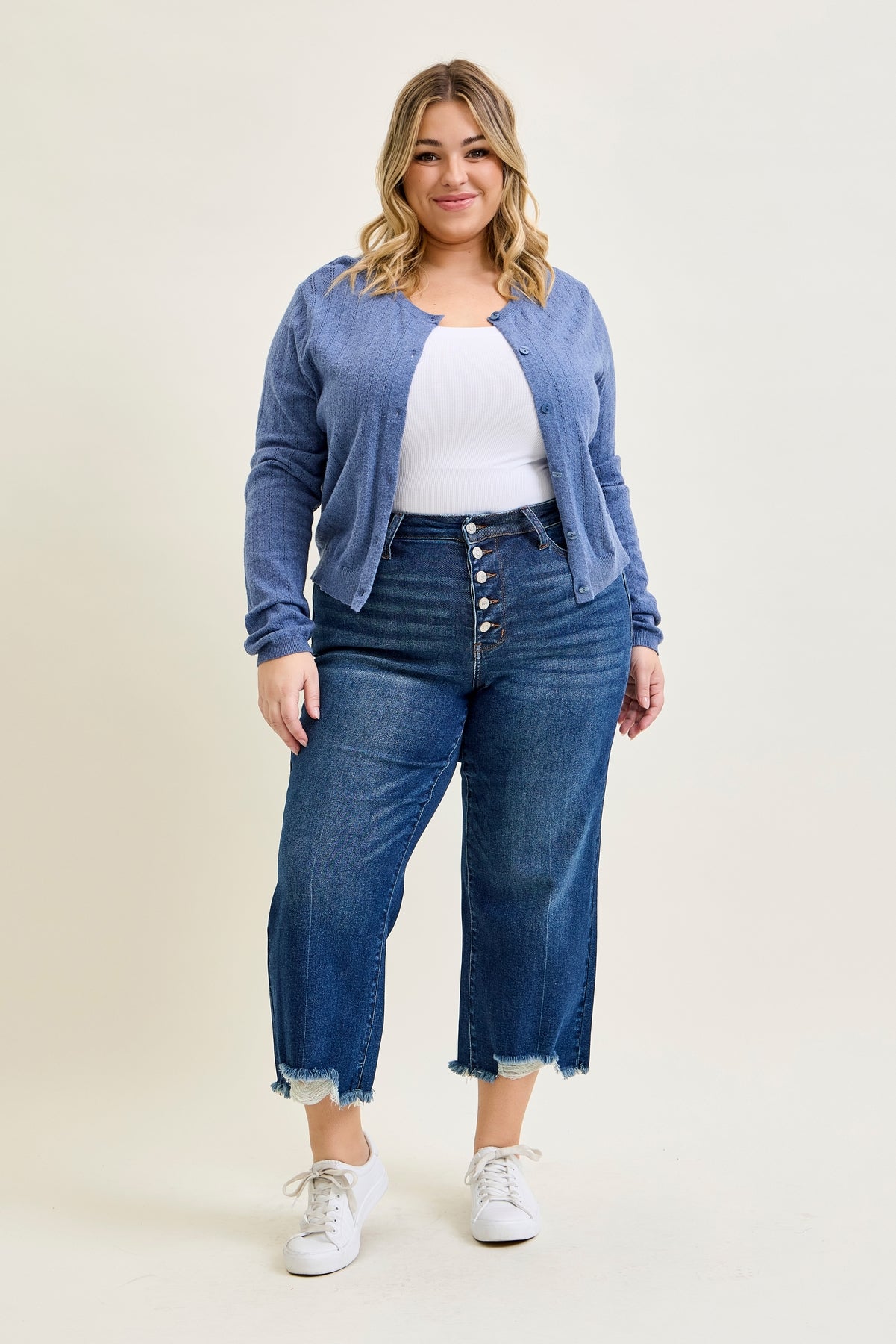 Dottie Button Fly Distressed Hem Crop Wide - PLUS