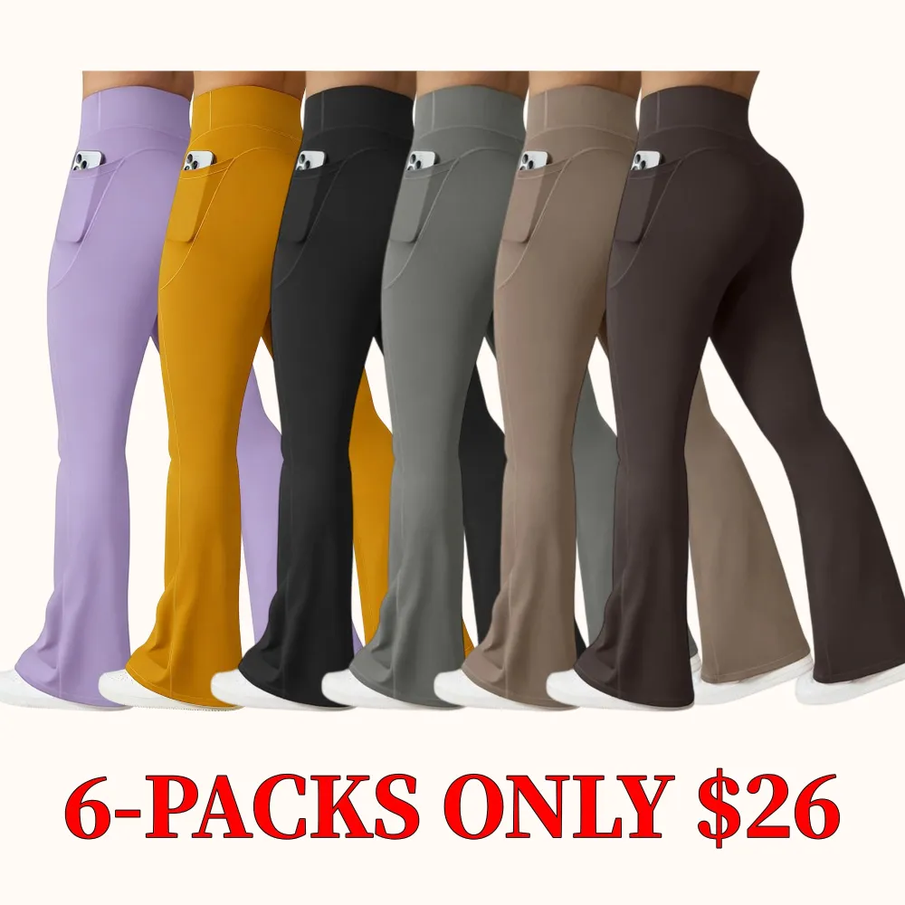 OYV Women Workout Flare High Waist Butt Lifting Casual Soft Leg Flared Bottoms with Pockets