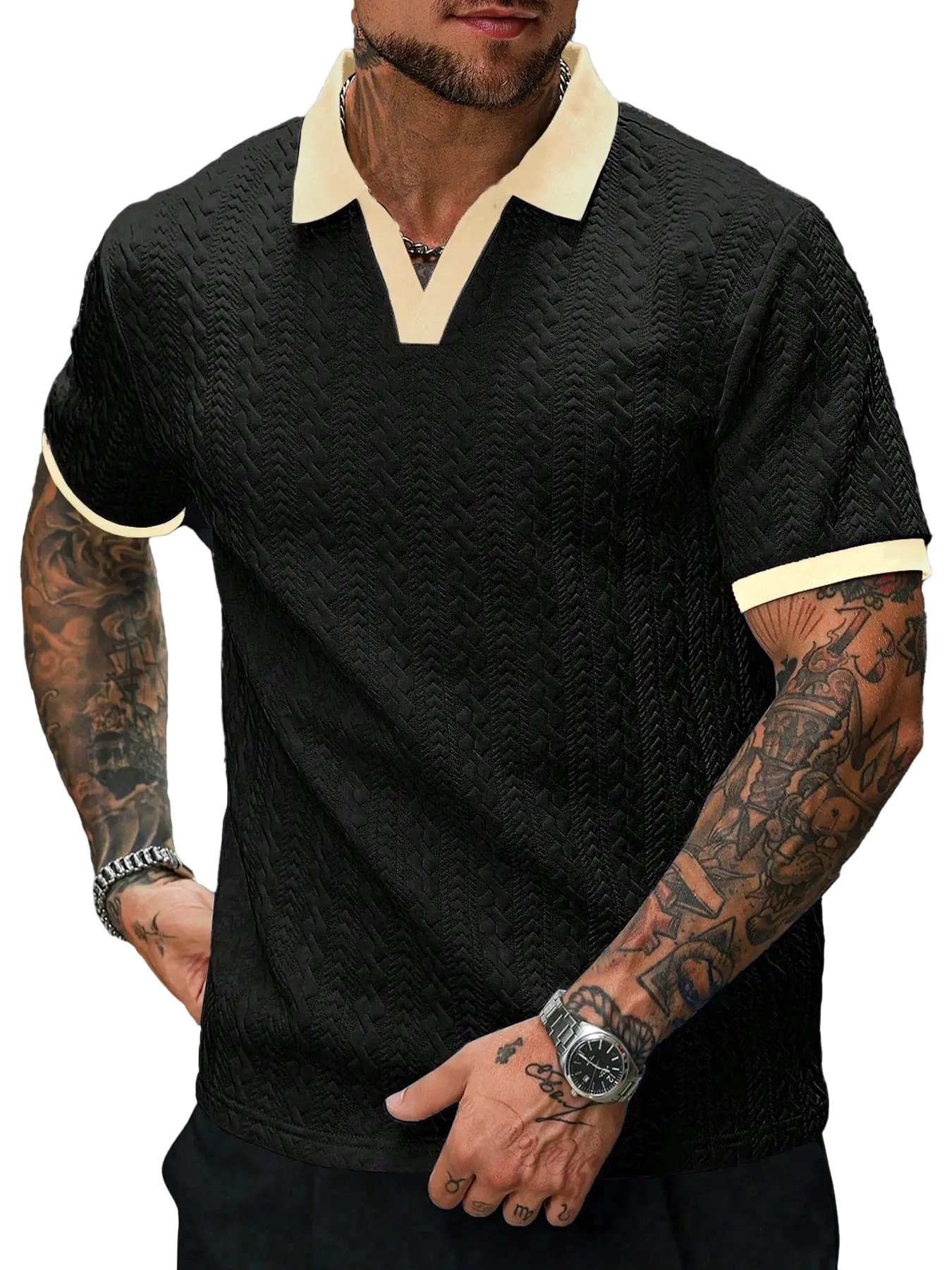 Men's Retro Colorblock Polo Shirt, Textured V Neck Short Sleeve Top, Casual Street Style, Summer Fashion, Fitted Leisurewear