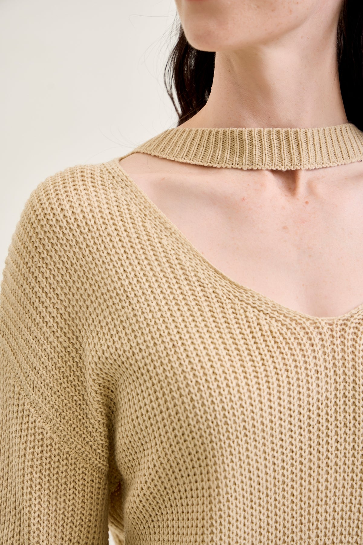 V-Neck Cut Out Pullover Beige Sweater