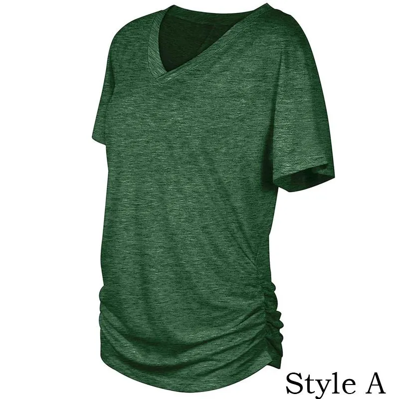 Womens Short Sleeve V Neck Dolman Tops with Side Shirring Loose Fit Shirts