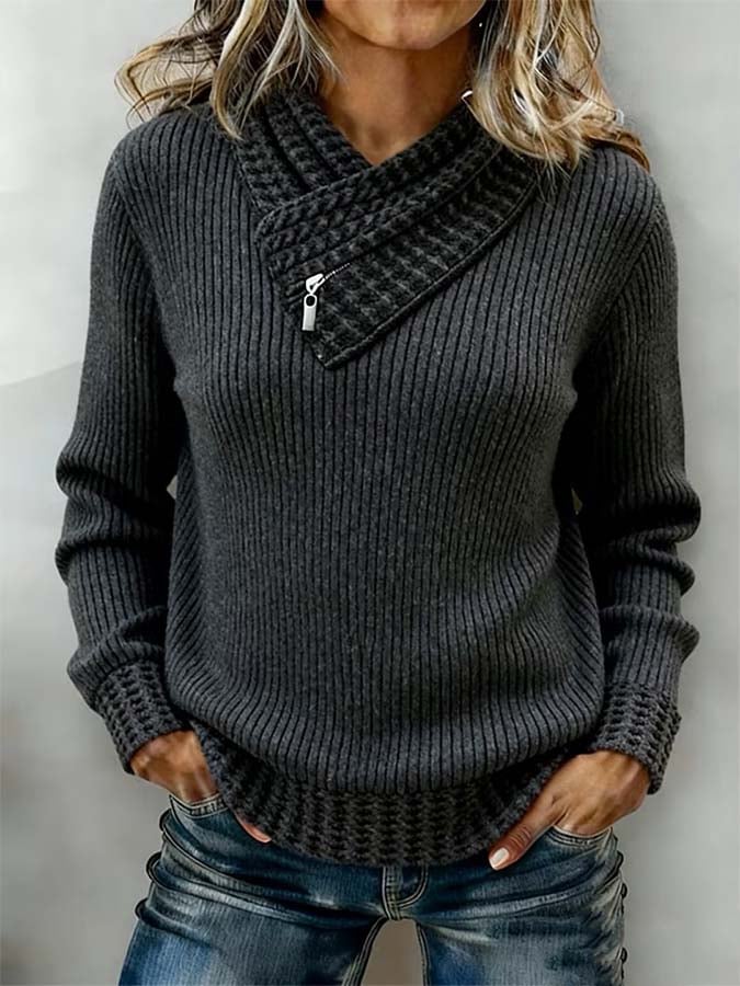 Women'S Casual Solid Color Zipper Sweater