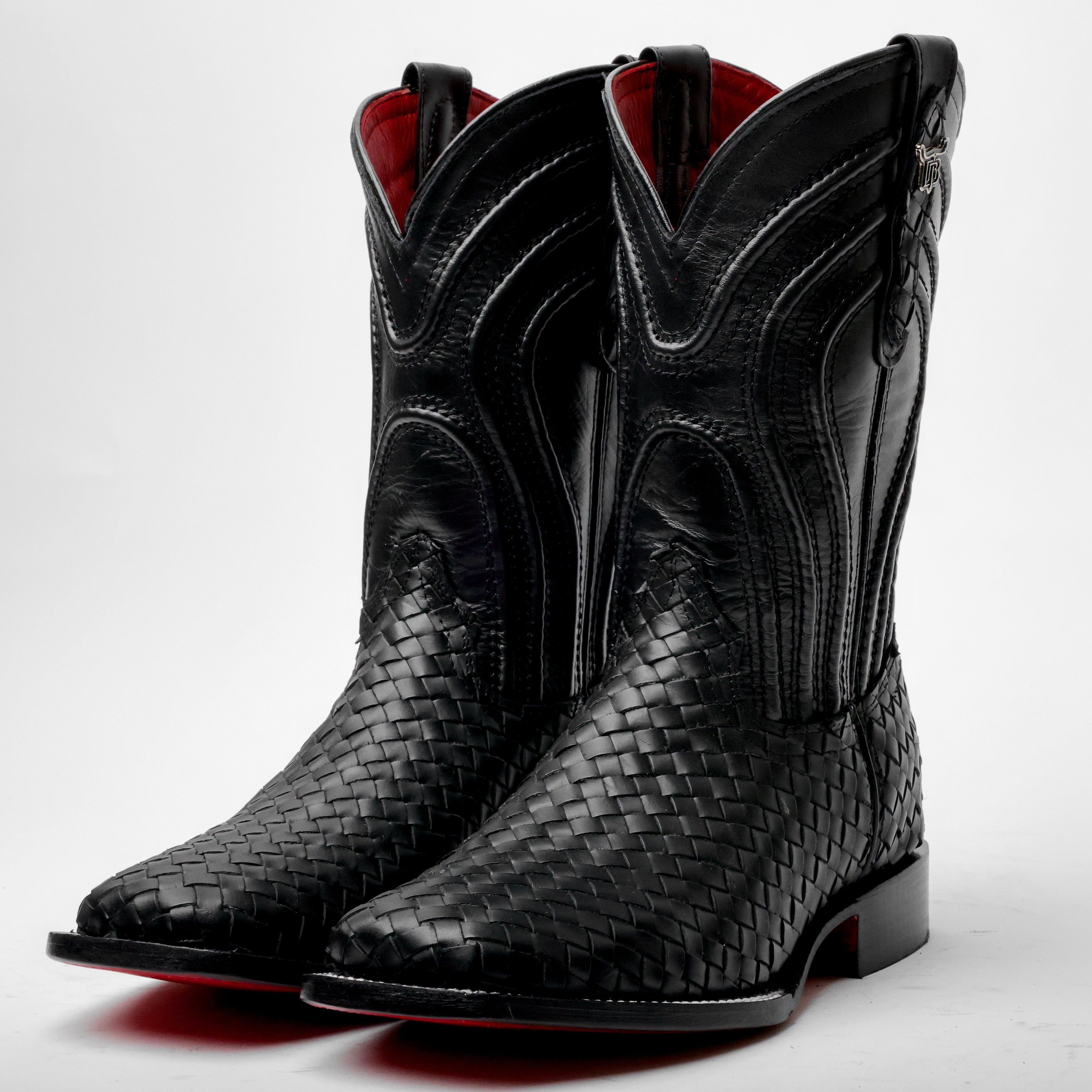 Black Basketweave Leather Boots - Square Toe