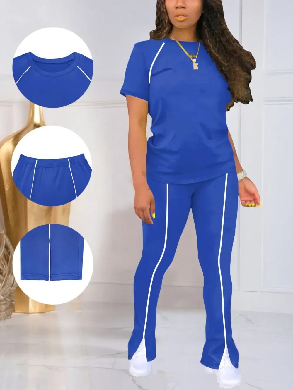 Women's Summer Round Neck Short Sleeve Fitted Pants Set Outfit, Classic Solid Color Casual Wear Lightweight Clothes