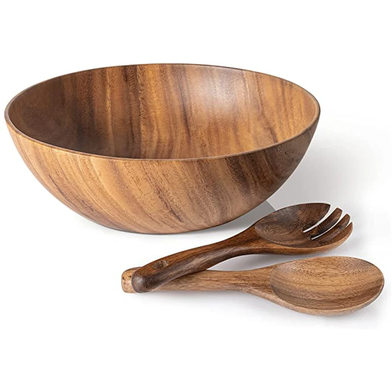 Wooden Salad Bowl, Solid Hardwood Salad Mixing Bowl Set, Wood Serving Bowl Spoon Fork for Fruits Vegetables Decoration