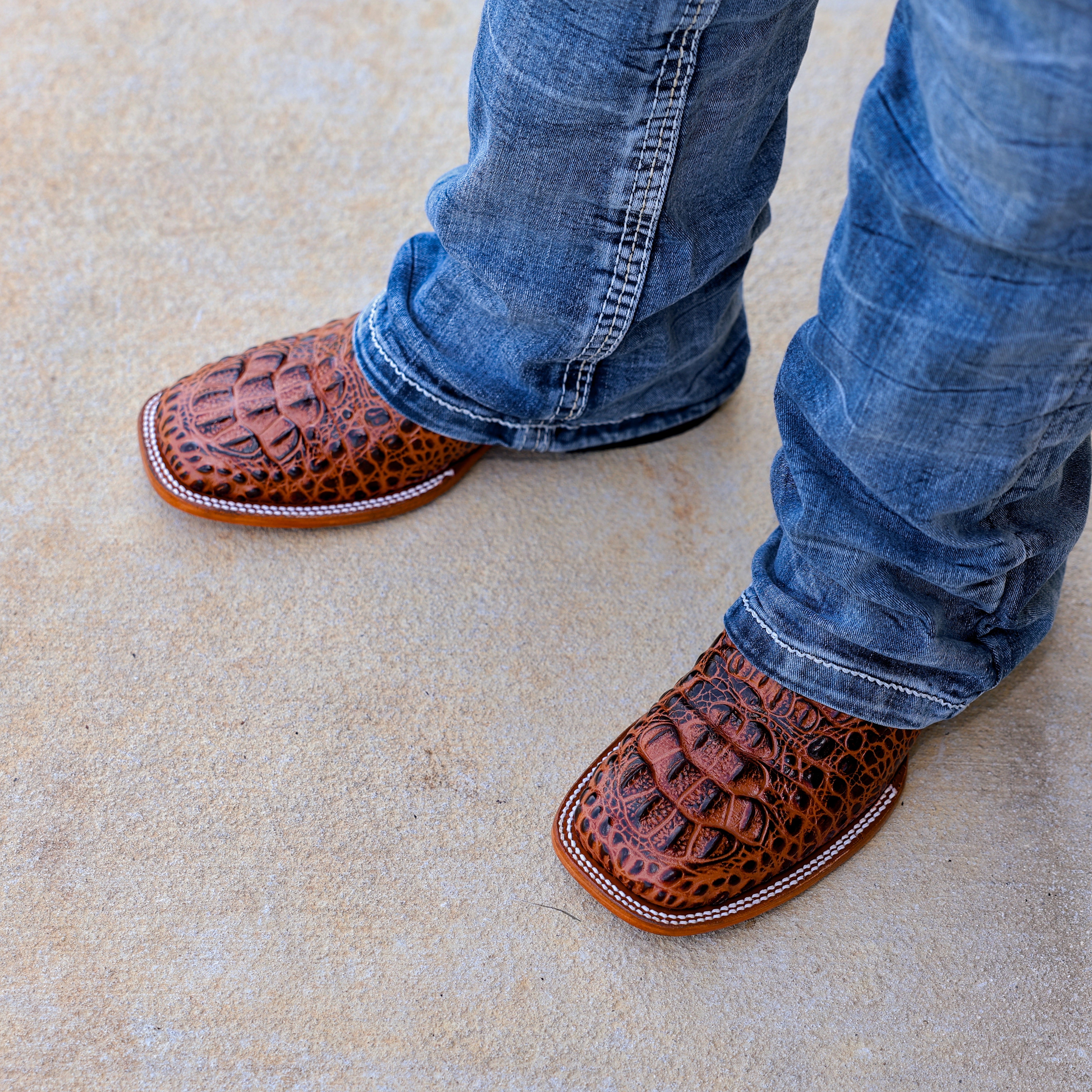 Cognac Caiman Neck Leather Boots - Square Toe