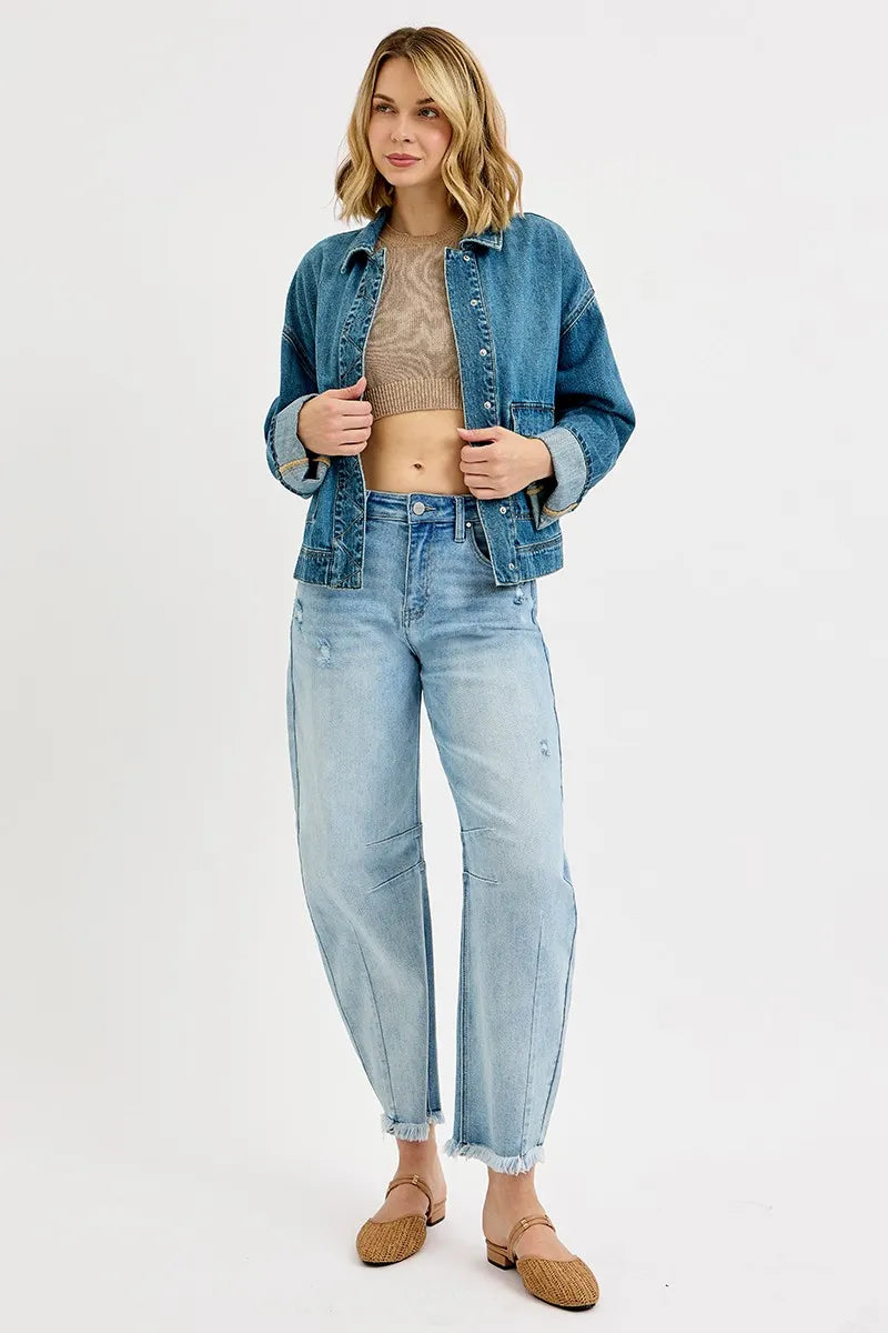 Oversized Cargo Pocket Denim Jacket with Cuffed Sleeves