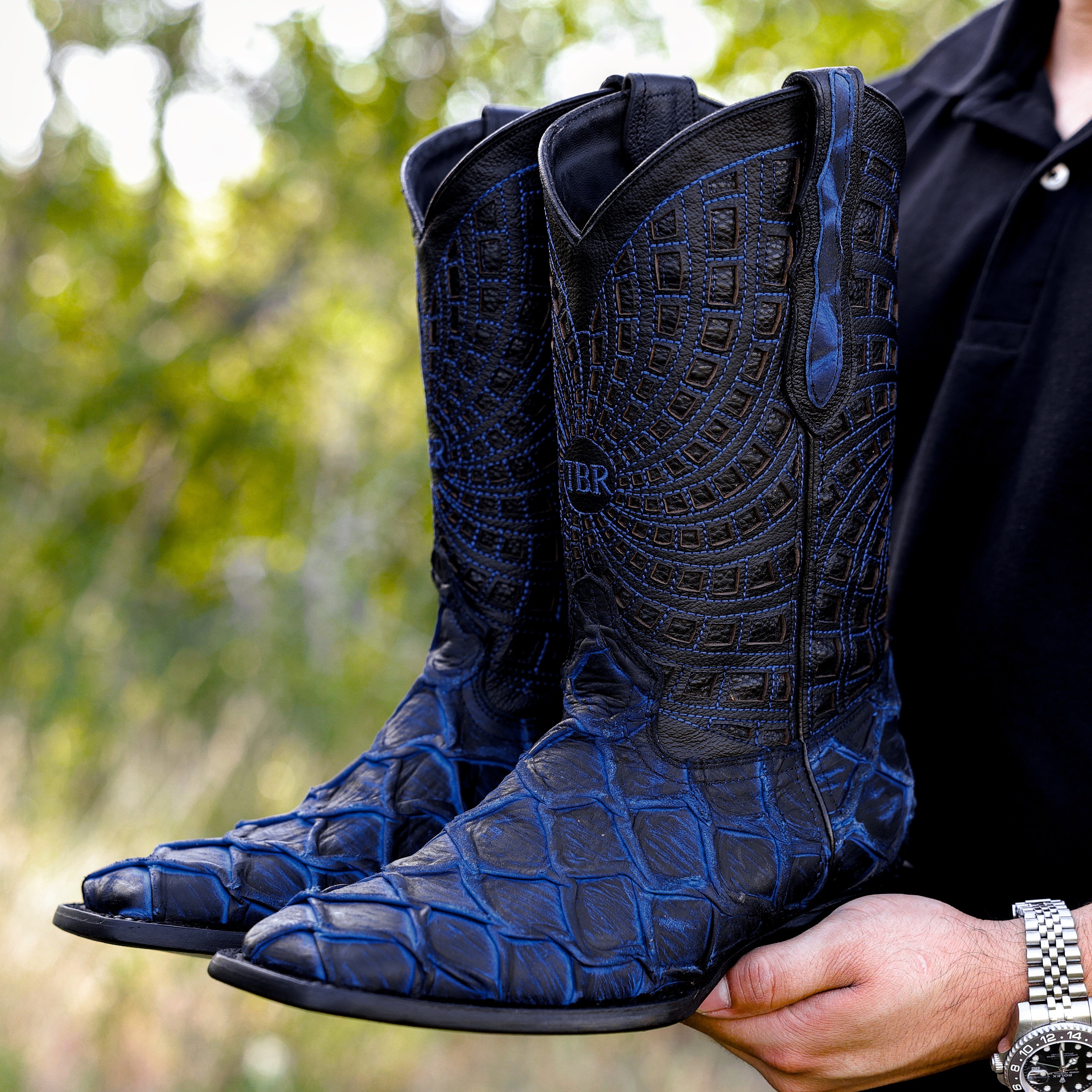 Matte Rustic Electric Blue Pirarucu Leather Boots - Square Toe