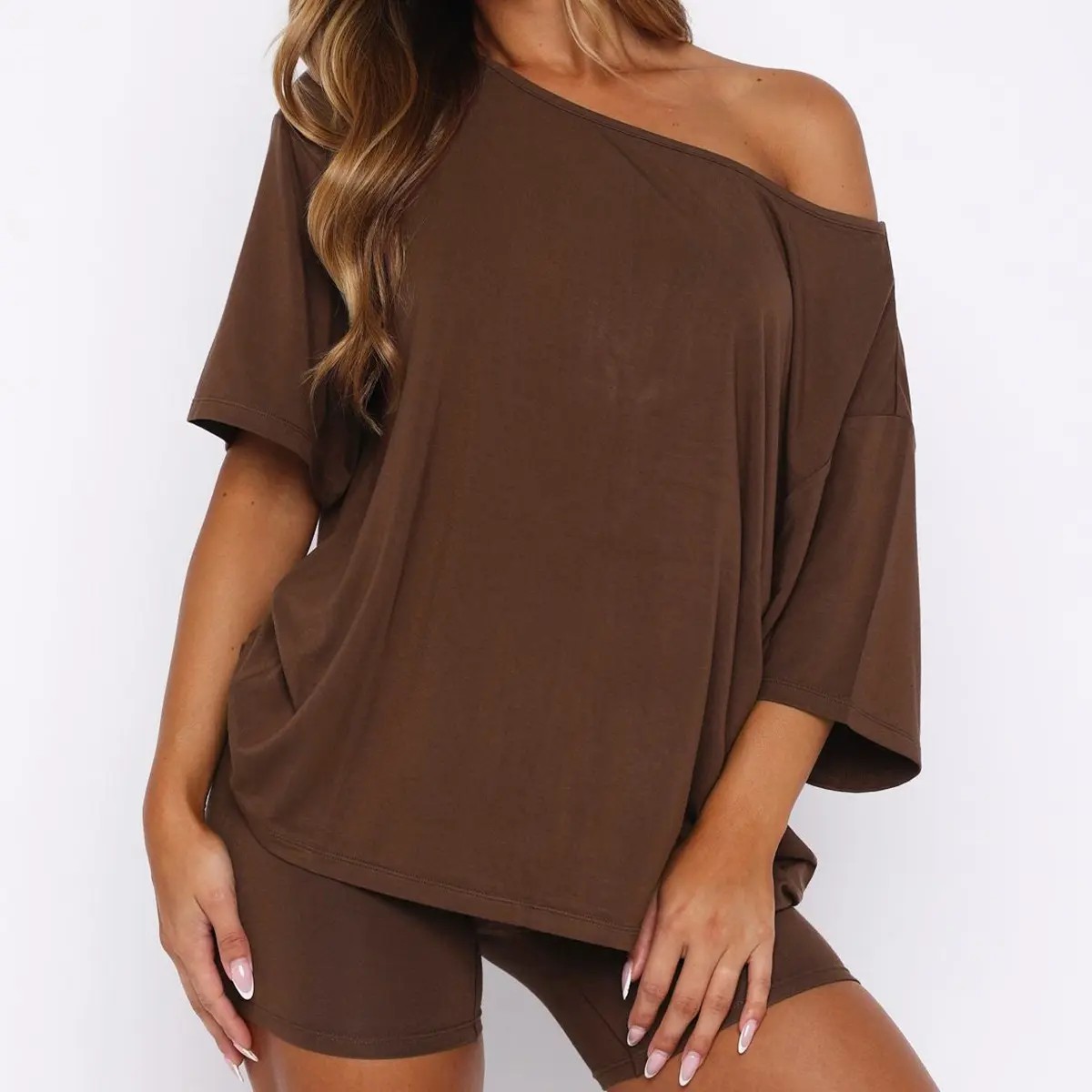 Women’s Casual Two Piece Lounge Set Off Shoulder Top & Fitted Shorts Springtok