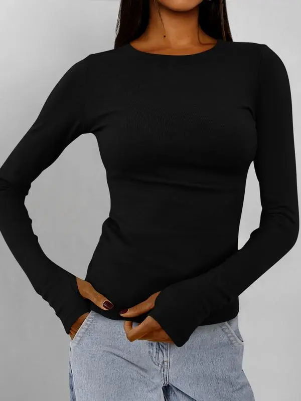 Women's Casual Long Sleeve Crew Neck Top - Slim Fit Basic Going-Out Blouse for Summer & Fall