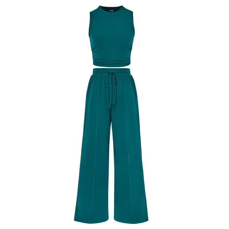 Women's Summer 2-Piece Outfits - Ribbed Knit Crew Neck Sleeveless Cropped Top & Wide Leg Pants Lounge Set