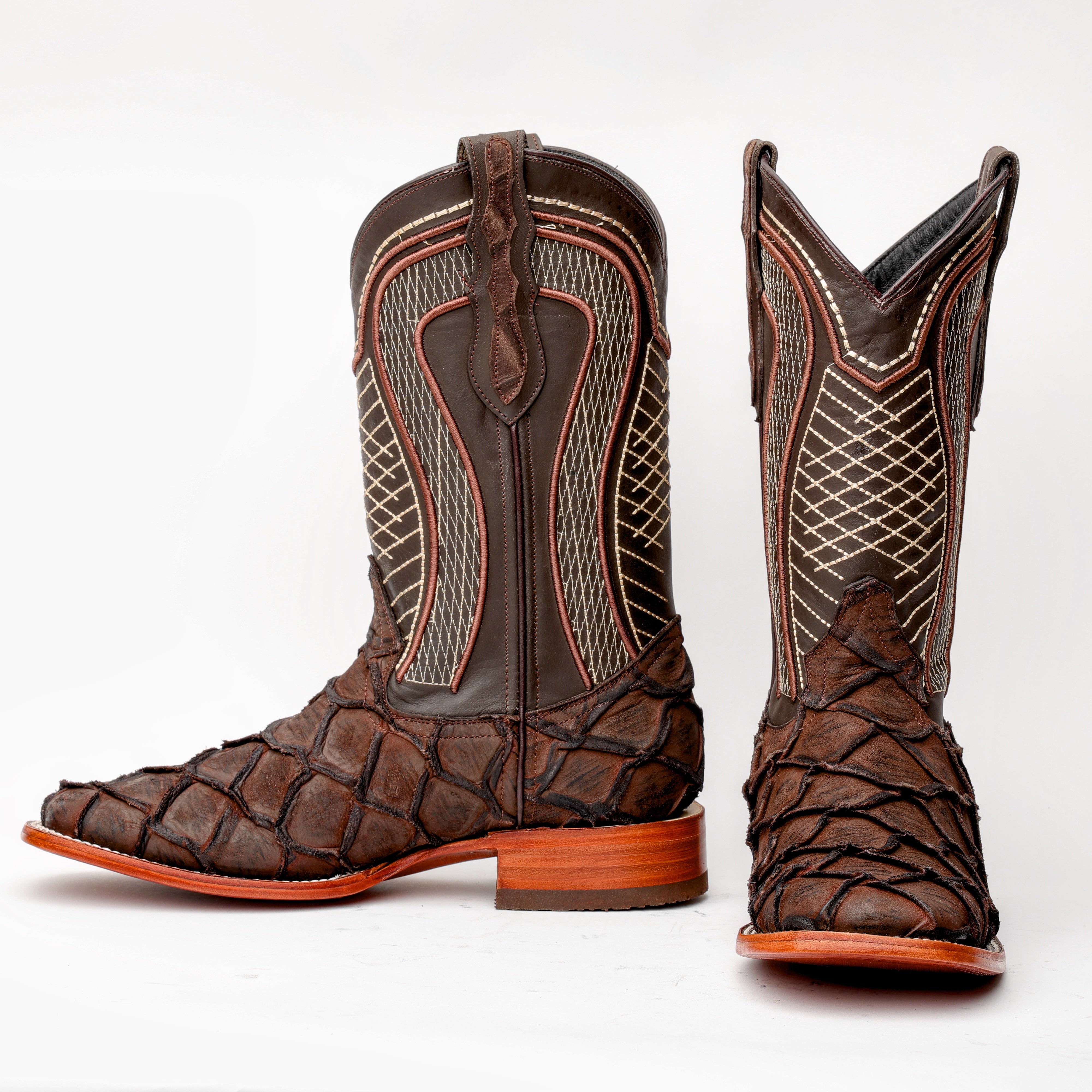 Matte Chocolate Pirarucu Leather Boots - Square Toe