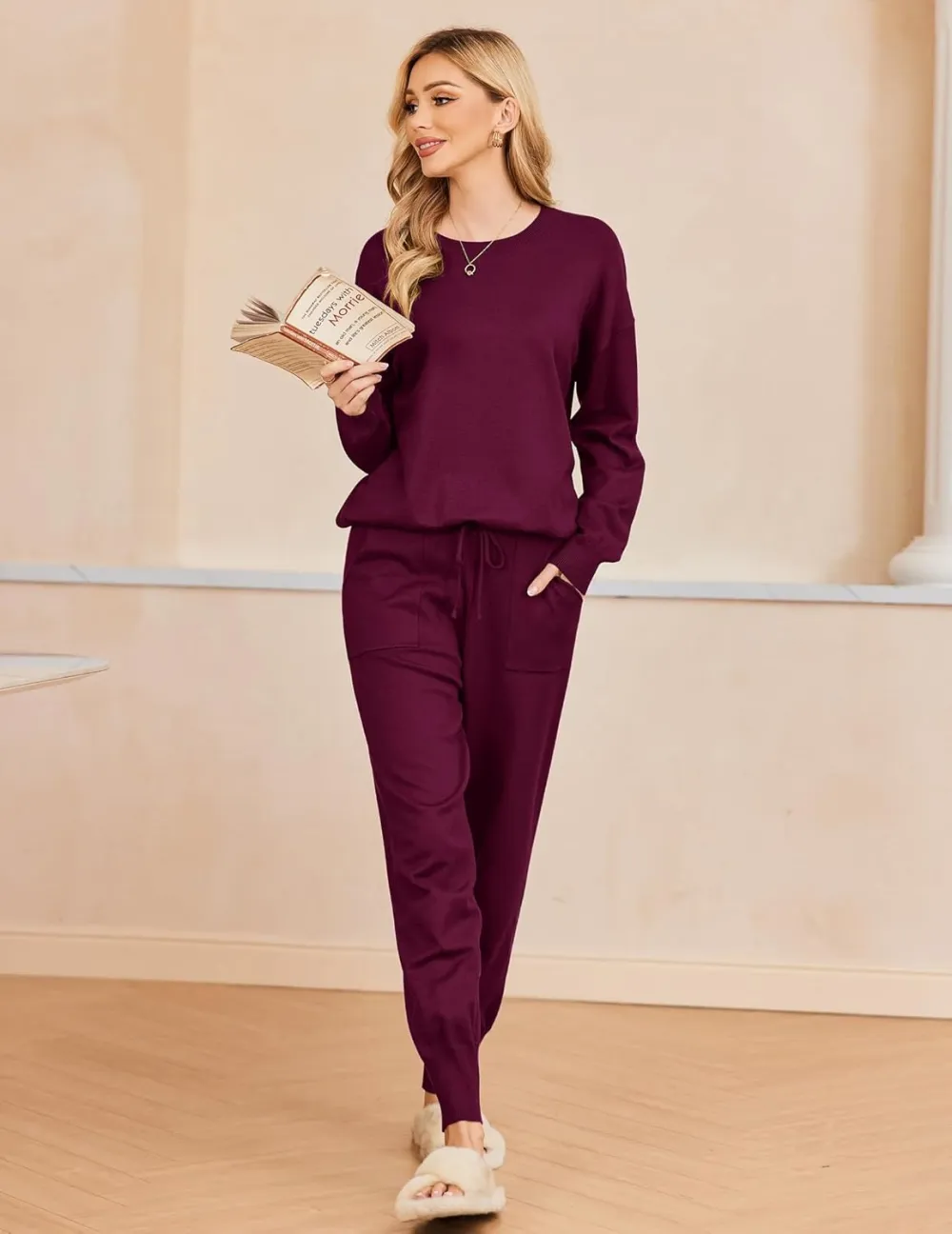 Women's Long Sleeve Knit Loungewear Set Jogger Pants Outfit
