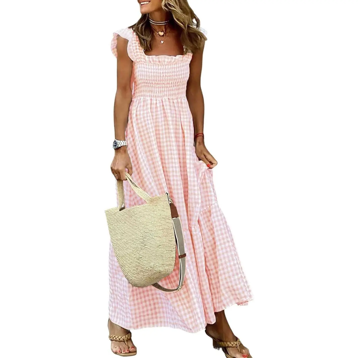 Women's Retro Plaid Smocked Dress Spaghetti Strap Flounce Long Casual Sleeveless Flowy Evening Fashion Basic with Pockets