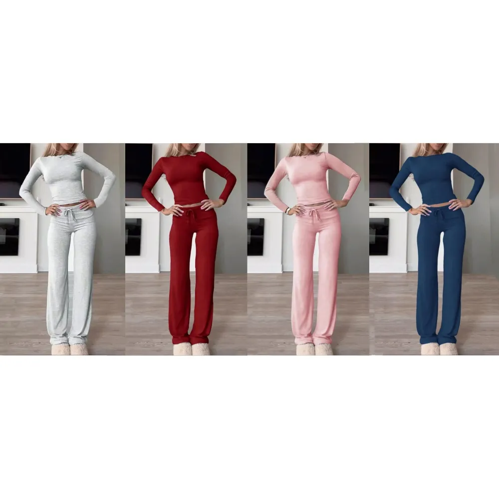 Two-Piece Set Women's Solid Color Long Sleeve Crop Tee & High-Waisted Drawstring Pants Set