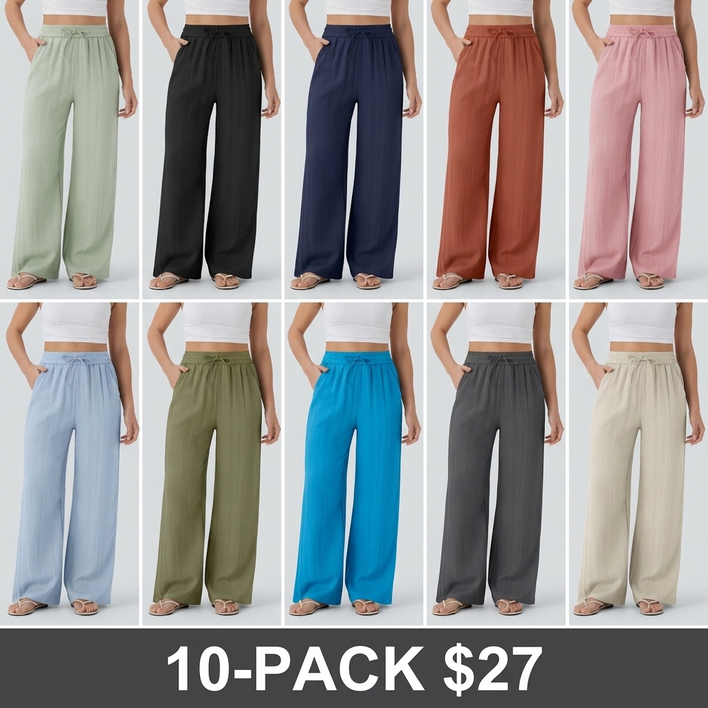 High Waisted Drawstring Pocket Wide Leg Casual Linen-Feel Pants