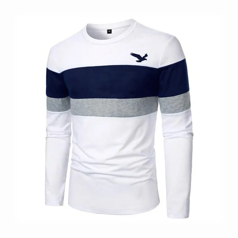 A new autumn and spring color-blocked business style men's casual printed long-sleeved T-shirt top