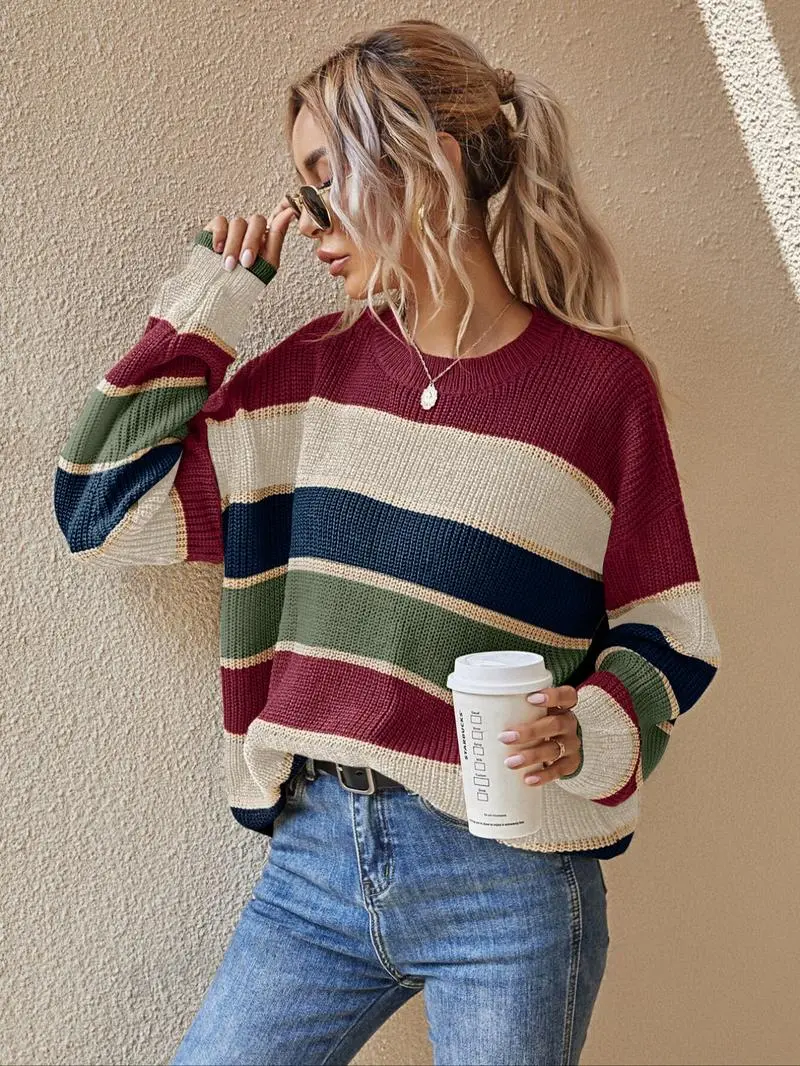 Women's Colorblock Striped Print Drop Shoulder Sweater