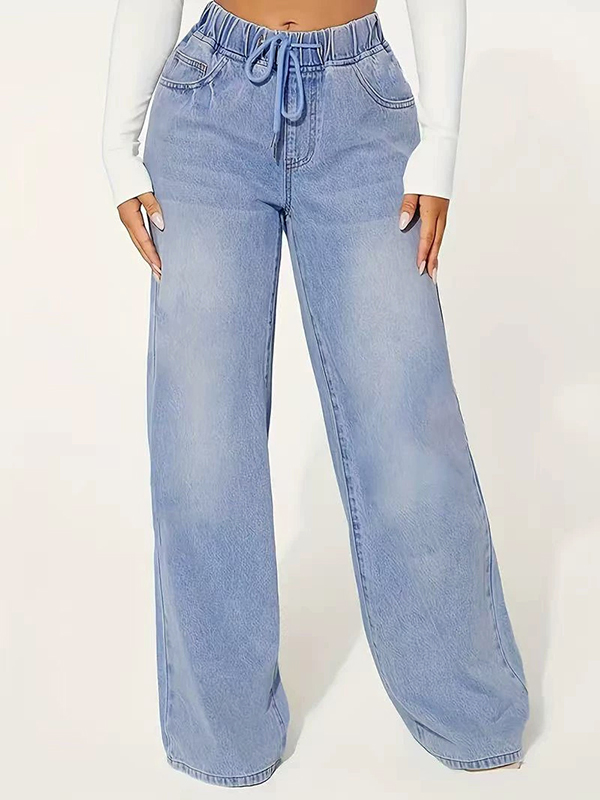 Drawstring Elasticity Split-Joint High Waisted Loose Jean Pants Bottoms