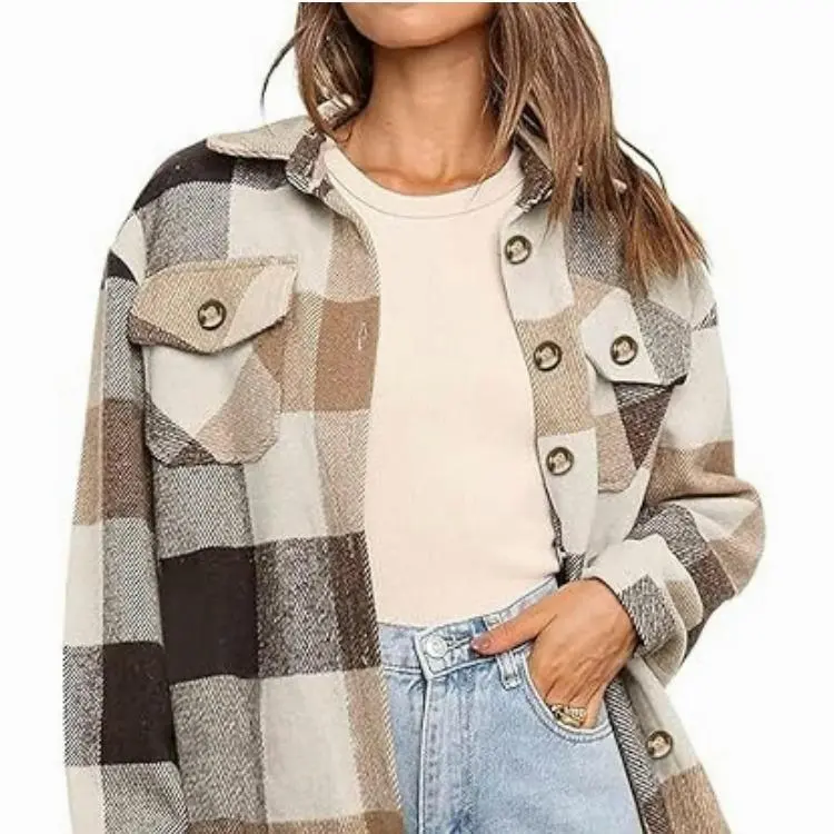 Womens Plus Size Shacket Jacket Flannel Plaid Long Sleeve