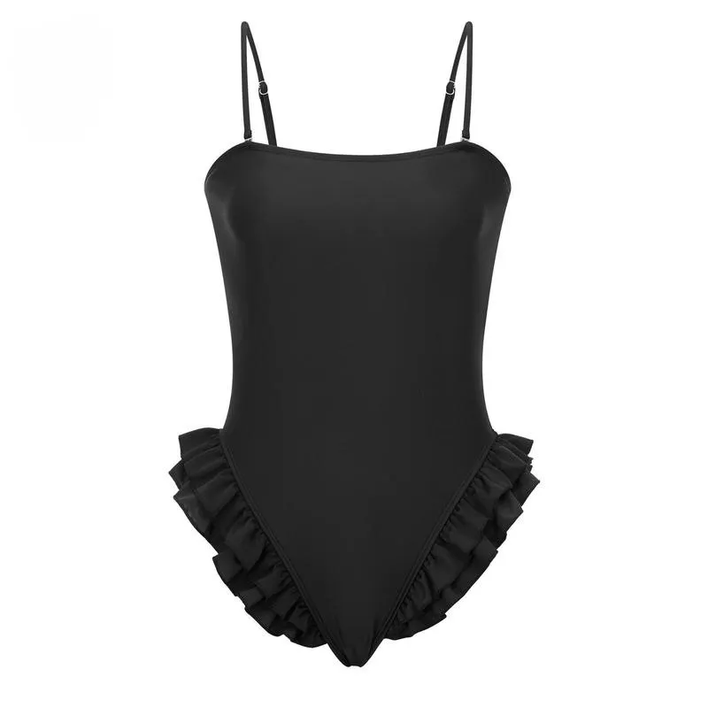 Ladies' thin shoulder straps square neckline ruffled swimsuit