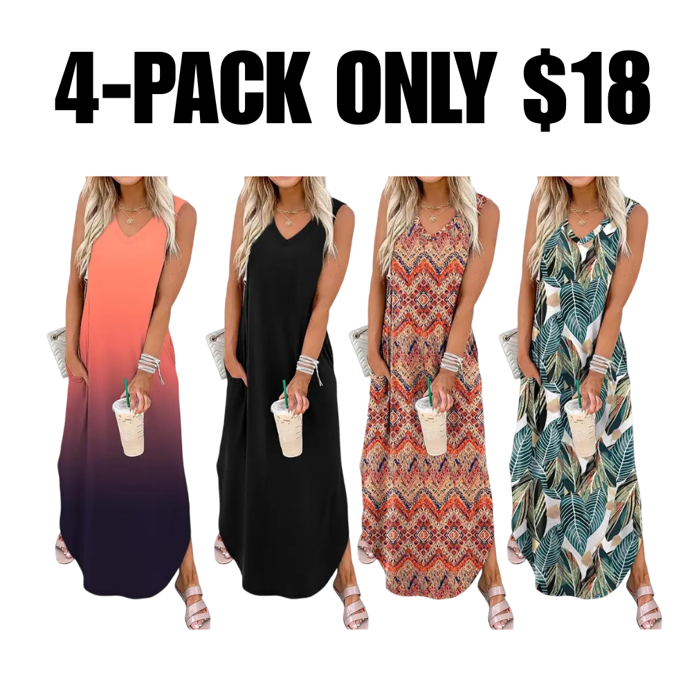Casual Floral Dresses Maxi Dress Vacation Beach Sundresses  with Pockets