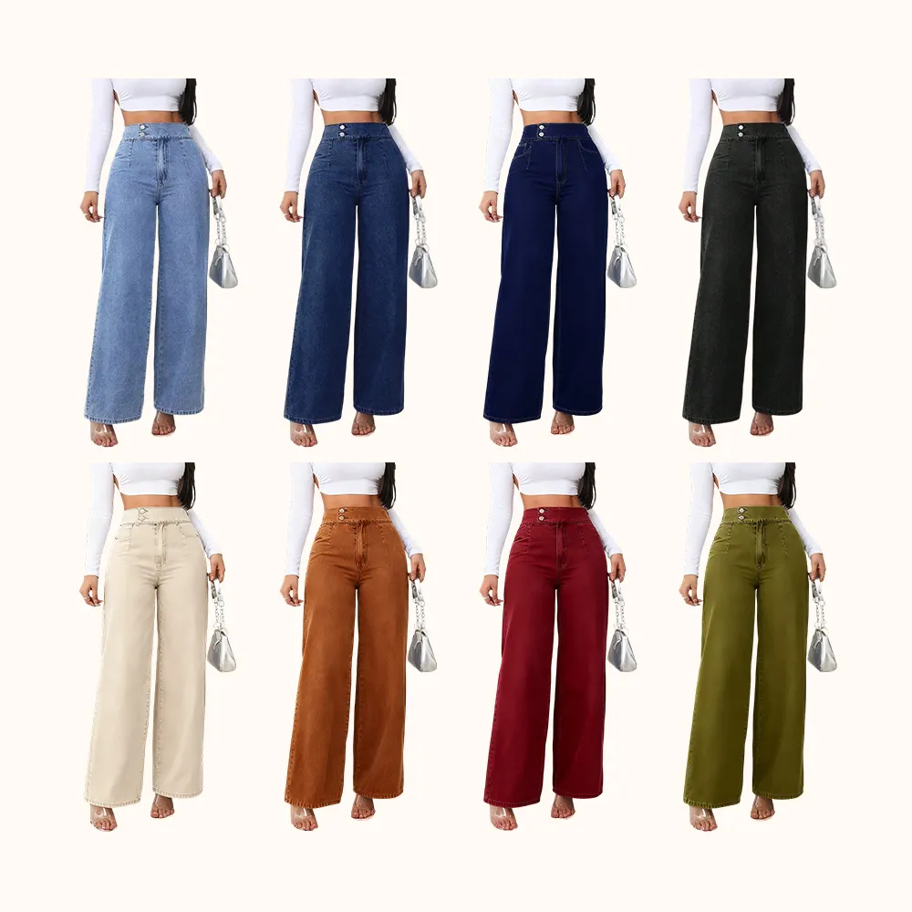 Women's Vintage Elegant High Waist Wide Leg Jeans, Elastic Waist, Button Front