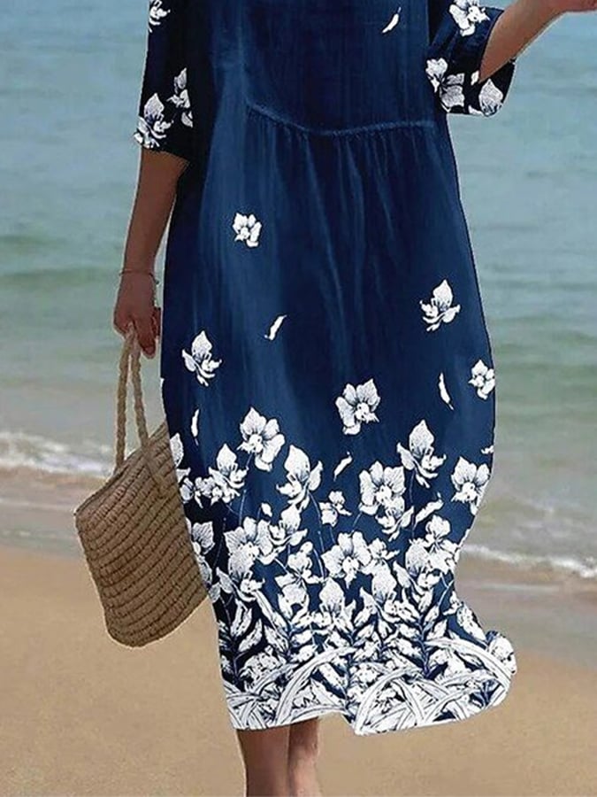 Women's Casual  Round Neck Mid Sleeve Print Cotton and Linen Dress- Fast Shipping